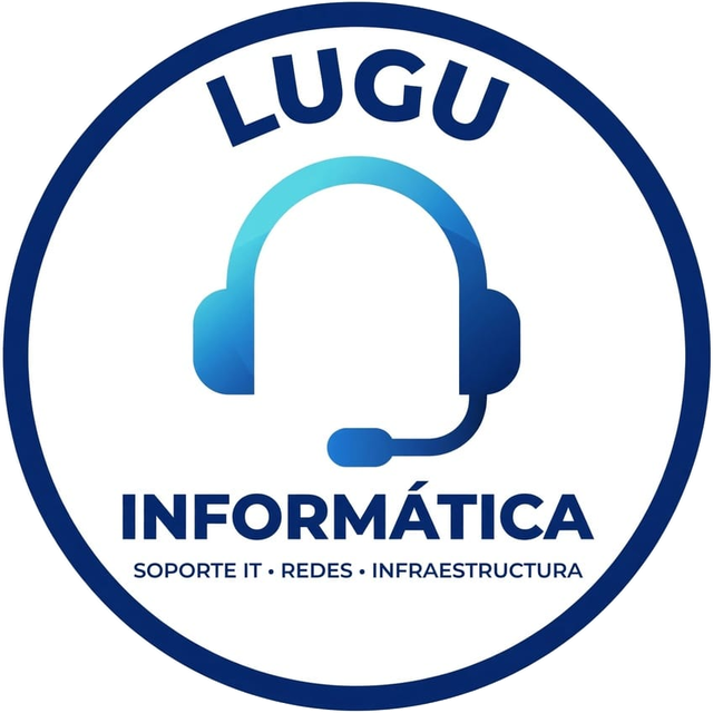 Sello de Lugu Informática: auriculares de soporte técnico. Soporte IT, redes e infraestructura.